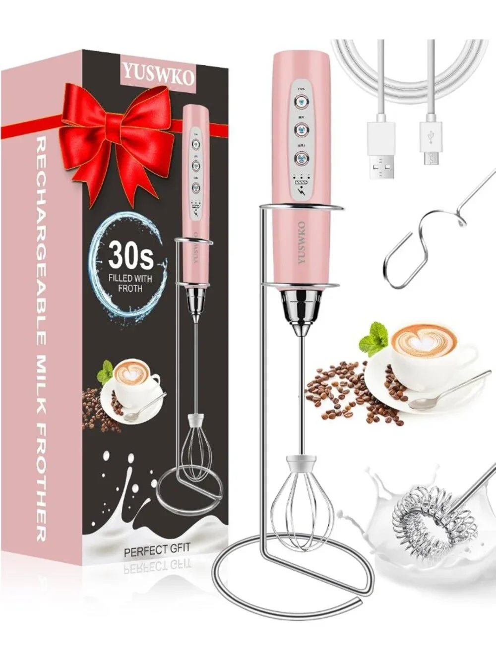 Rechargeable Handheld Milk Frother Wand - Electric Whisk for Coffee, Latte